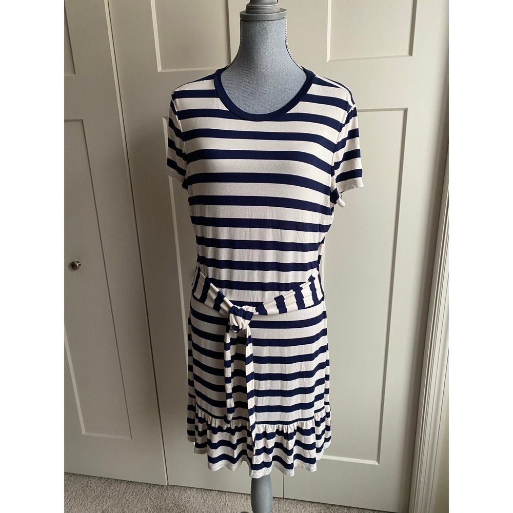 Lauren Ralph Lauren Jersey Dress Pullover Striped Tie Waist Medium Black Tag s2